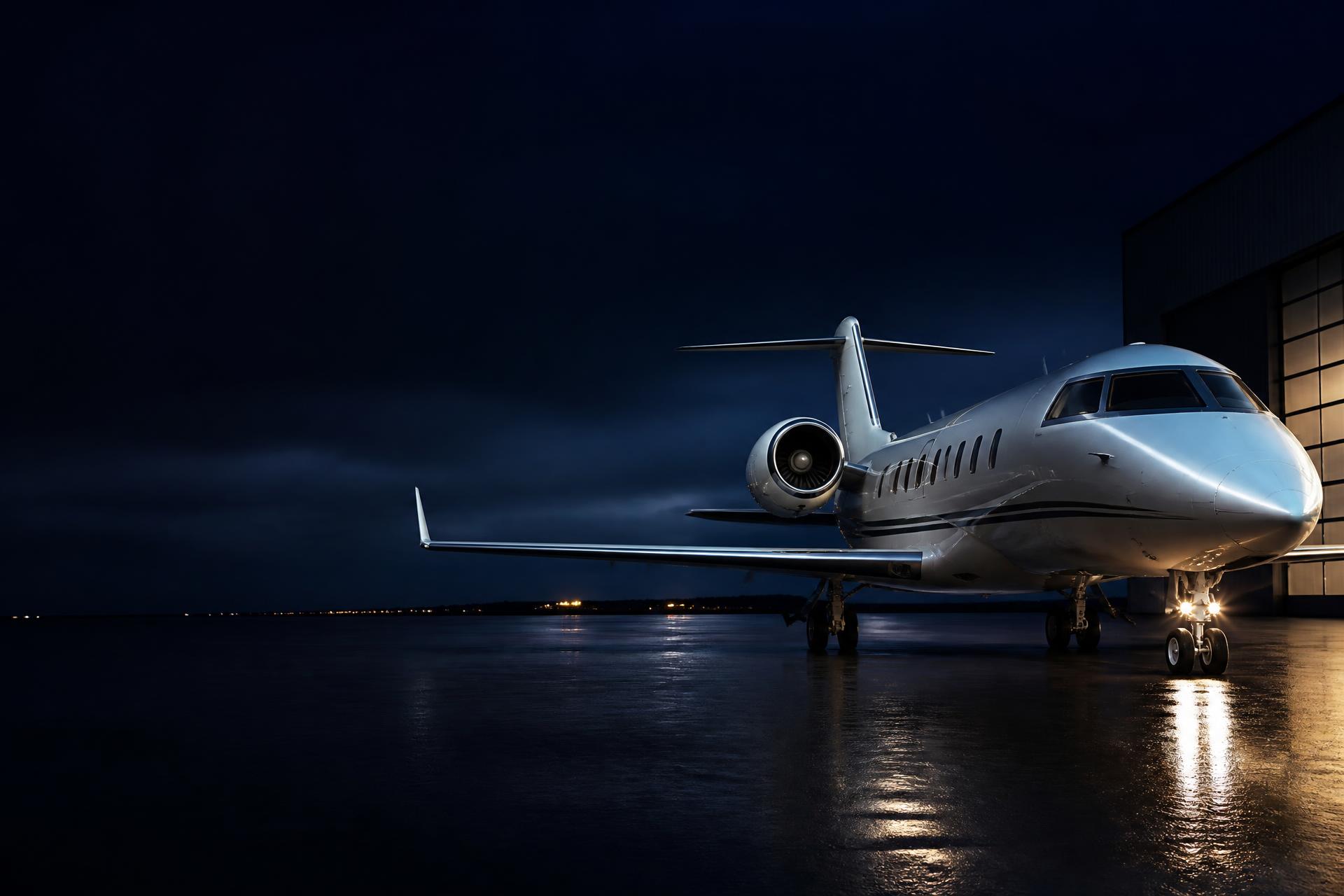 Jato executivo em pátio de hangar ao anoitecer